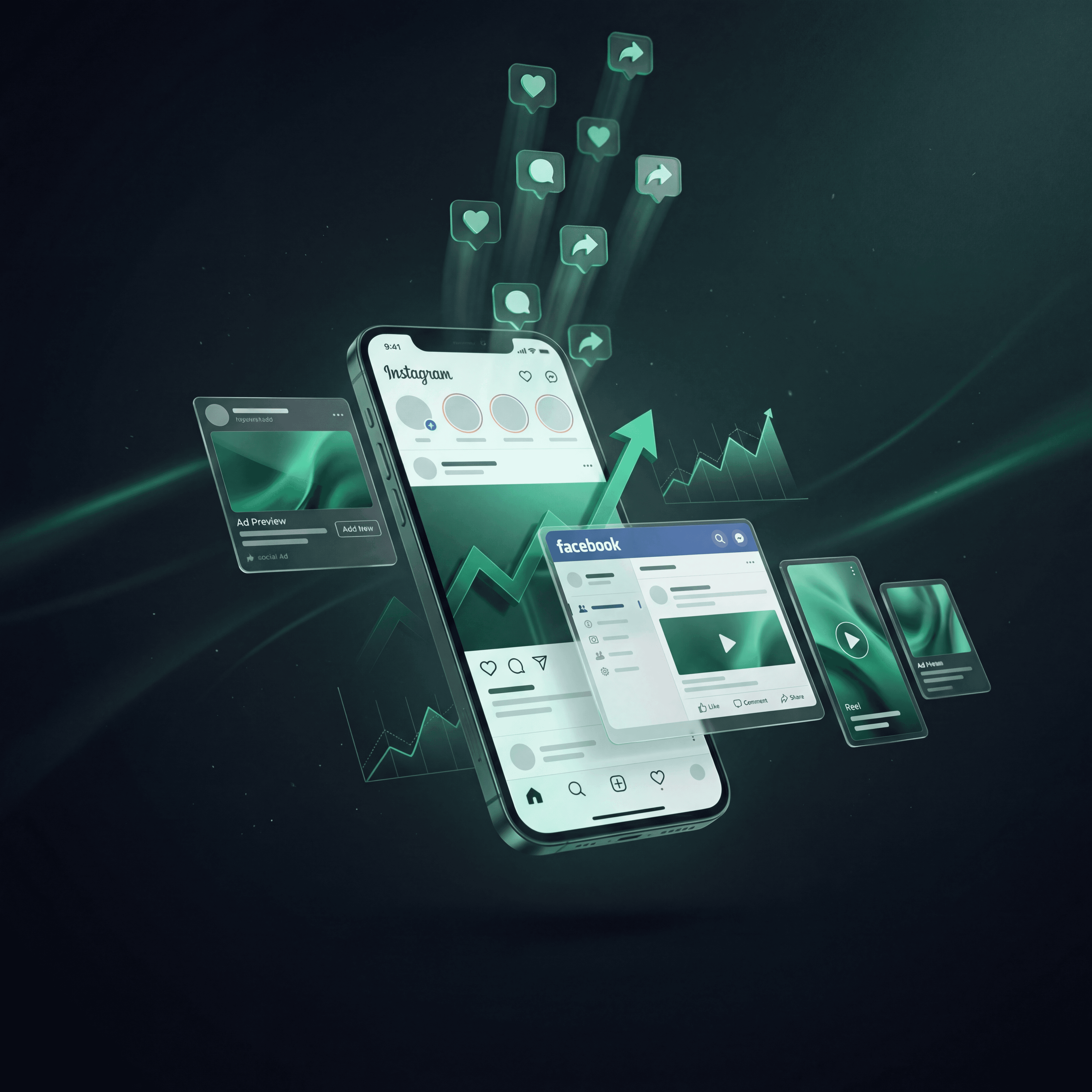Smartphone showing social media apps with upward growth arrows, analytics, and floating engagement icons.