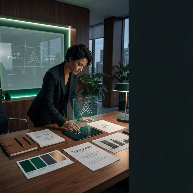 Professional designer working on a holographic logo projection at a desk filled with branding materials.